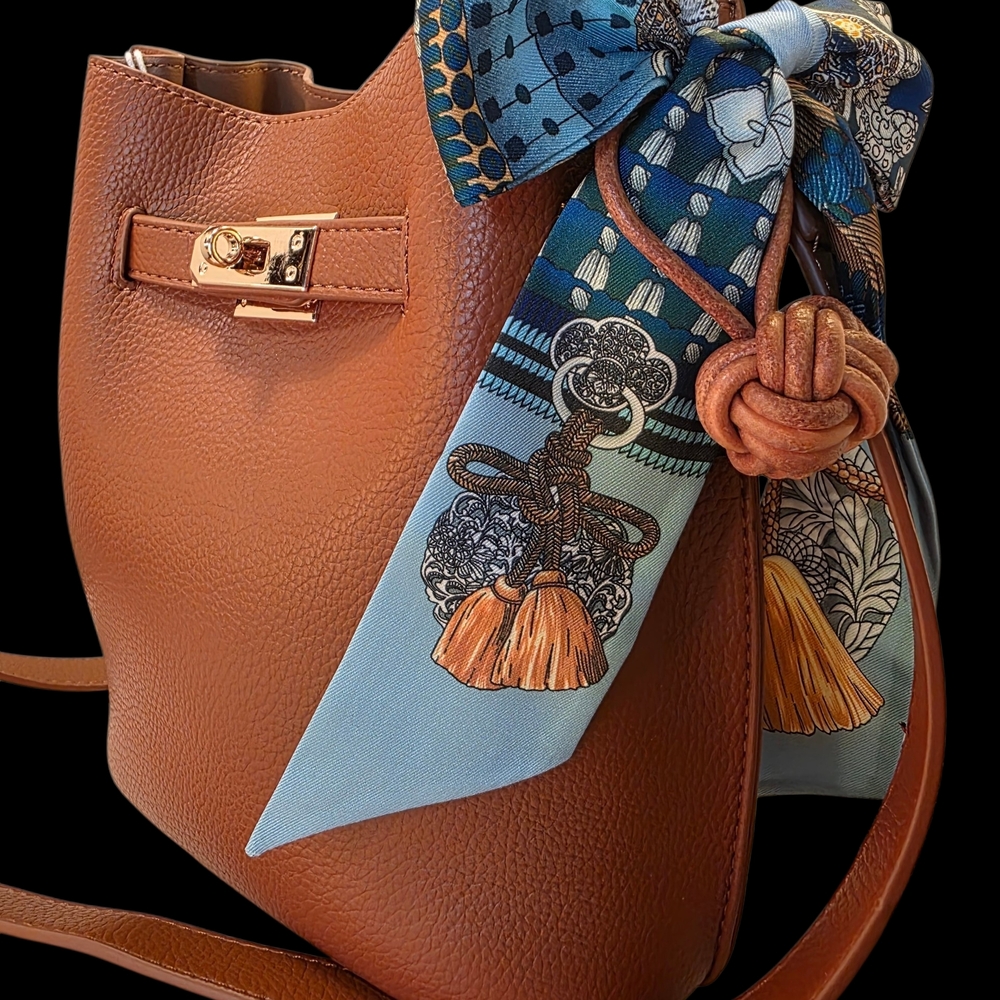 SALE!! Brown Lychee Bucket, Turn-Lock, Scarf and Charm by Purple & Lilac Co  NWT - Picture 2 of 8
